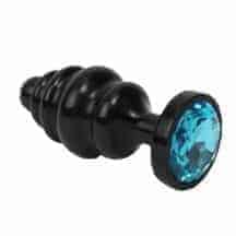 Анальная пробка ребристая 4sexdream 8.2 см, черная с голубым кристаллом