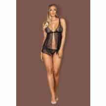 Кружевной прозрачный бебидолл и трусики-стринги черного цвета Firella Obsessive, L/XL