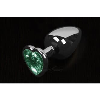 Маленькая анальная пробка Пикантные Штучки с зеленым кристаллом в виде сердечка, серебристая, 6 см